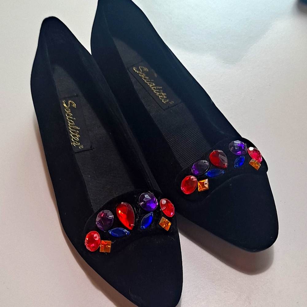 VINTAGE 80s Black Velvet Princess Gems Shoes by Socialite